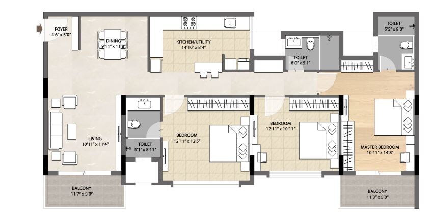 Floor plan of 3 BHK 1815 Sq. Ft. Apartment in DNR Spring Leaf, Bangalore