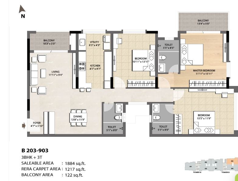 Floor plan of 3 BHK 1884 Sq. Ft. Apartment in DNR Spring Leaf, Bangalore