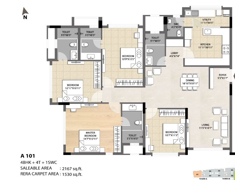 Floor plan of 4 BHK 2167 Sq. Ft. Apartment in DNR Spring Leaf, Bangalore