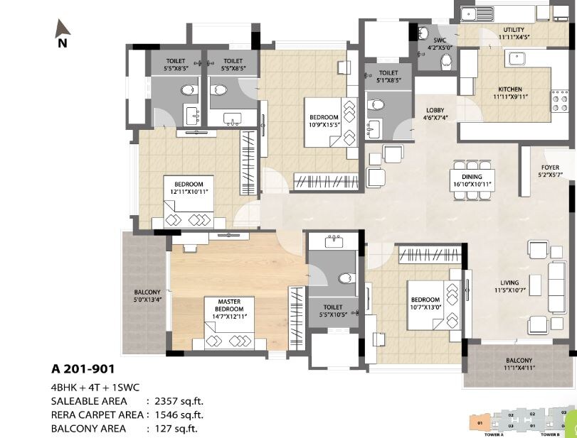 Floor plan of 4 BHK 2357 Sq. Ft. Apartment in DNR Spring Leaf, Bangalore