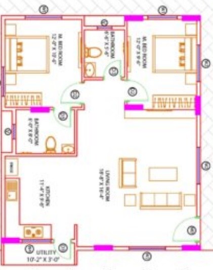 Floor plan of 2 BHK 1150 Sq. Ft. Apartment in Dollars CR Pride, Bangalore