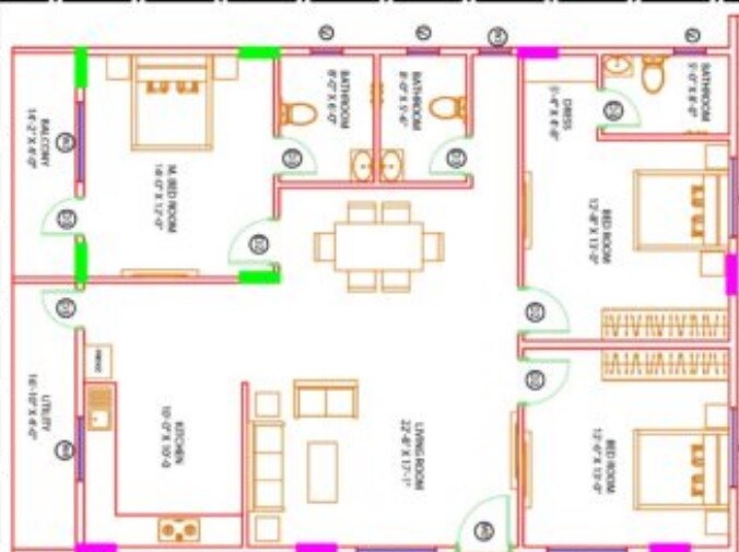 Floor plan of 3 BHK 1658 Sq. Ft. Apartment in Dollars CR Pride, Bangalore