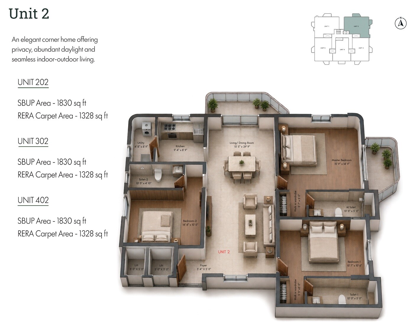 Floor plan of 3 BHK 1830 Sq. Ft. Apartment in DRA Ranka Amber, Bangalore