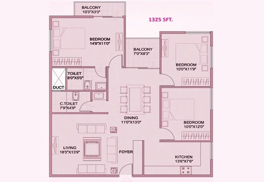 Floor plan of 3 BHK 1325 Sq. Ft. Apartment in Dreamz Samhita, Bangalore
