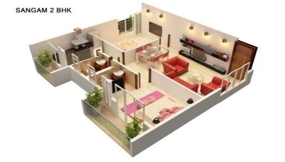 Floor plan of 2 BHK 900 Sq. Ft. Apartment in Dreamz Sangam, Bangalore