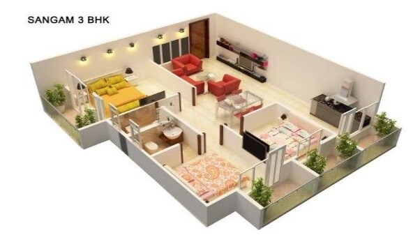 Floor plan of 3 BHK 1300 Sq. Ft. Apartment in Dreamz Sangam, Bangalore