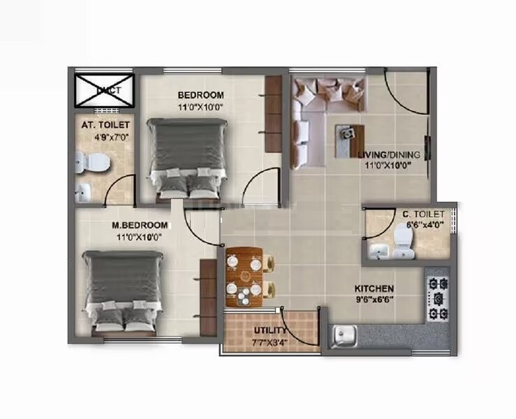 Floor plan of 2 BHK 1019 Sq. Ft. Apartment in DS Max Sage, Bangalore