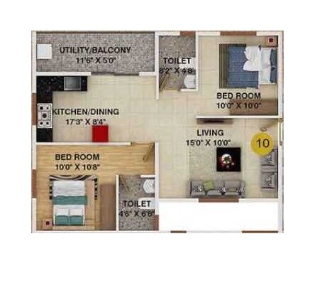 Floor plan of 2 BHK 1183 Sq. Ft. Apartment in DS Max Satellite, Bangalore