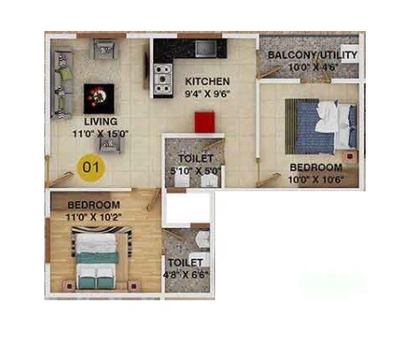 Floor plan of 2 BHK 786 Sq. Ft. Apartment in DS Max Satellite, Bangalore