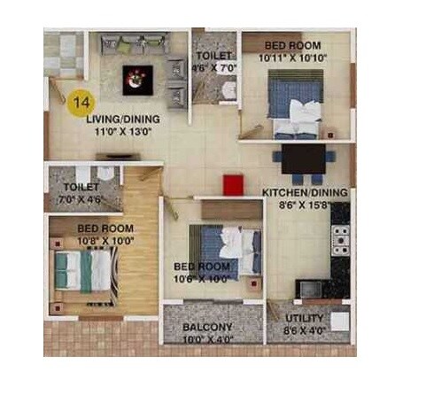 Floor plan of 3 BHK 1271 Sq. Ft. Apartment in DS Max Satellite, Bangalore