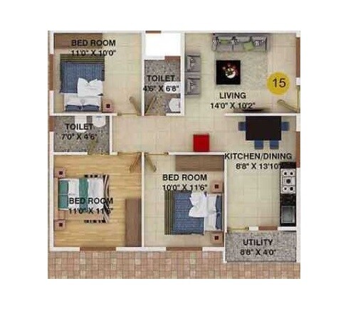 Floor plan of 3 BHK 1366 Sq. Ft. Apartment in DS Max Satellite, Bangalore