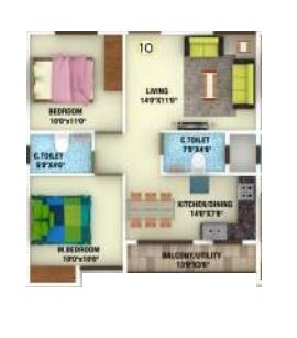 Floor plan of 2 BHK 969 Sq. Ft. Apartment in DS Max Scarlet, Bangalore