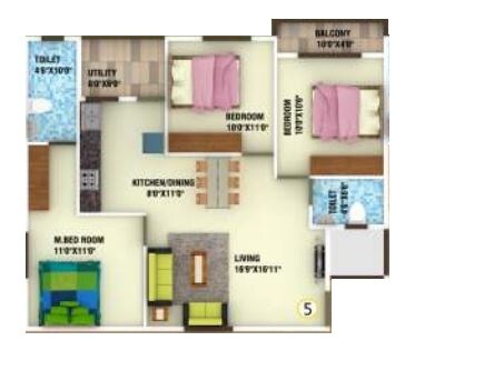 Floor plan of 3 BHK 1409 Sq. Ft. Apartment in DS Max Scarlet, Bangalore