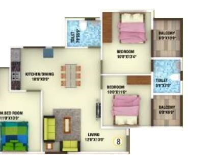 Floor plan of 3 BHK 1675 Sq. Ft. Apartment in DS Max Scarlet, Bangalore