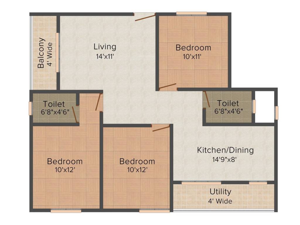 Floor plan of 3 BHK 1365 Sq. Ft. Apartment in DS Max Senorita, Bangalore