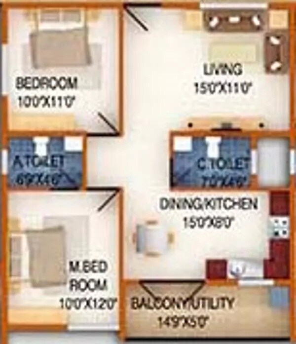 Floor plan of 2 BHK 1058 Sq. Ft. Apartment in DS MAX Silver Wood, Bangalore