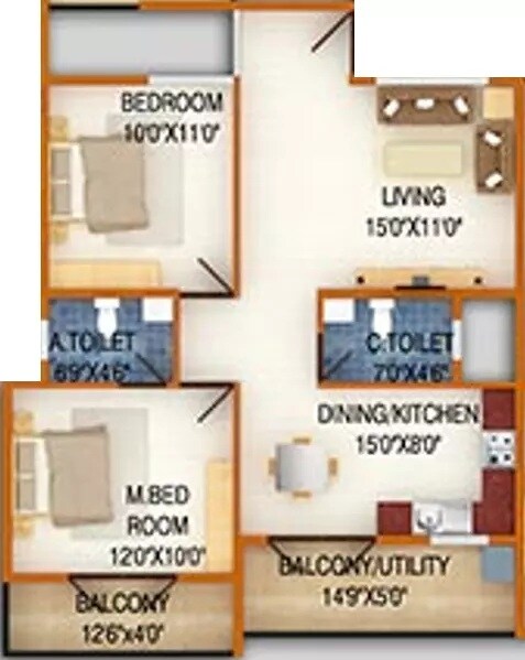 Floor plan of 2 BHK 1172 Sq. Ft. Apartment in DS MAX Silver Wood, Bangalore