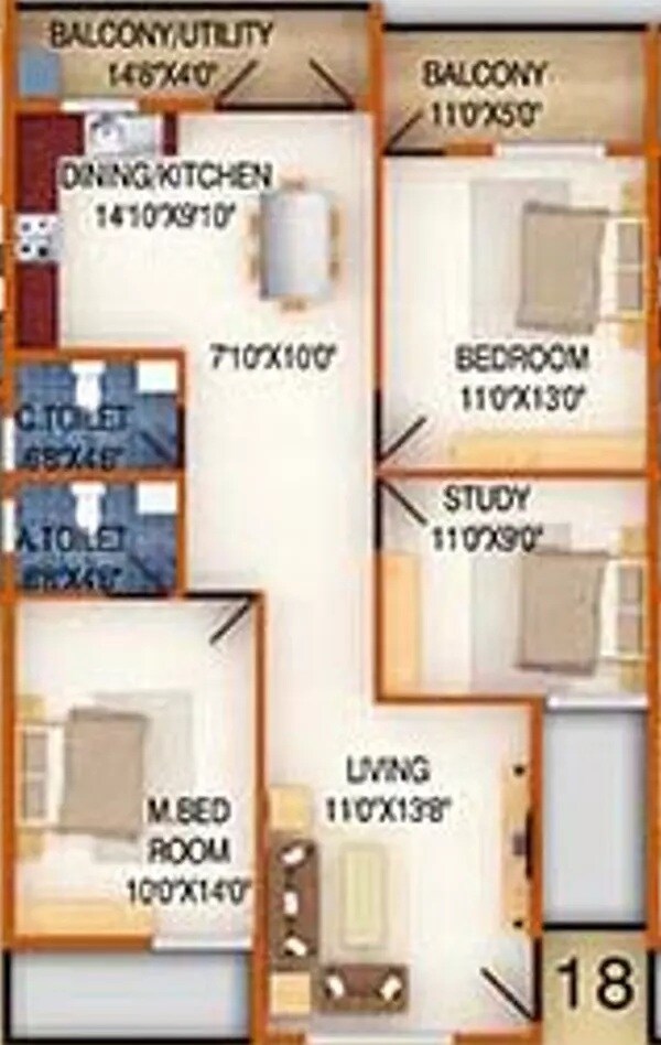 Floor plan of 2 BHK 1465 Sq. Ft. Apartment in DS MAX Silver Wood, Bangalore