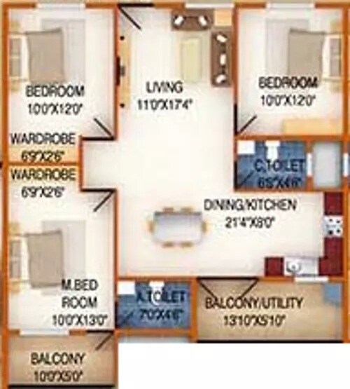 Floor plan of 3 BHK 1495 Sq. Ft. Apartment in DS MAX Silver Wood, Bangalore