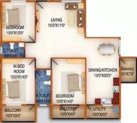 Floor plan of 3 BHK 1745 Sq. Ft. Apartment in DS MAX Silver Wood, Bangalore