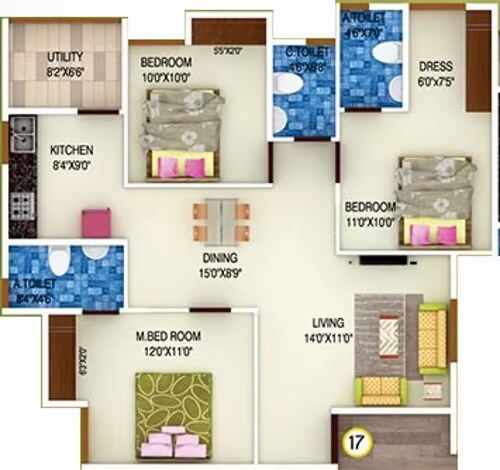 Floor plan of 3 BHK 1505 Sq. Ft. Apartment in DS Max Sista, Bangalore