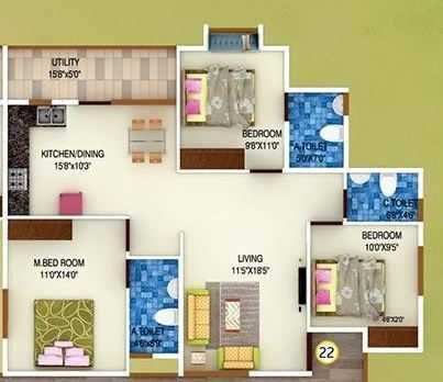 Floor plan of 3 BHK 1521 Sq. Ft. Apartment in DS Max Sista, Bangalore
