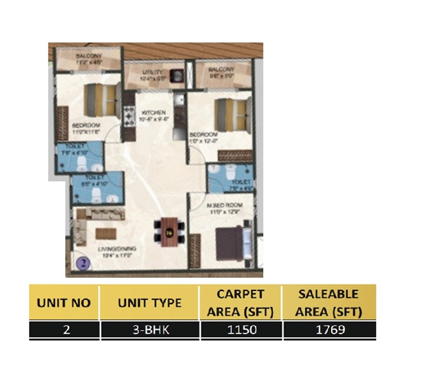 Floor plan of 3 BHK 1769 Sq. Ft. Apartment in DS Max Sista Grand, Bangalore
