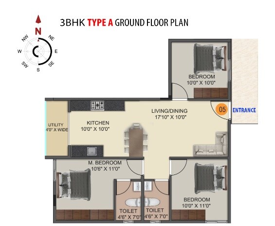 Floor plan of 3 BHK 1144 Sq. Ft. Apartment in DS-Max Sista Nest, Bangalore