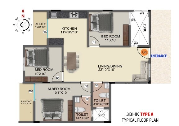 Floor plan of 3 BHK 1661 Sq. Ft. Apartment in DS-Max Sista Nest, Bangalore