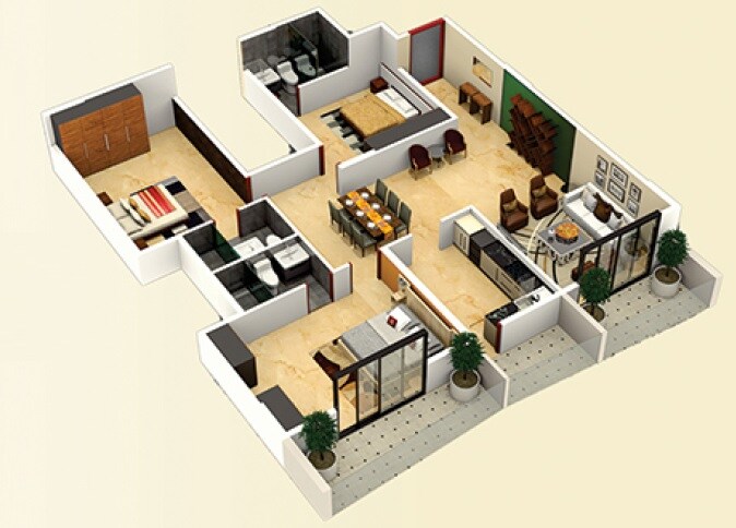 Floor plan of 3 BHK 1853 Sq. Ft. Apartment in DS Max Skycity, Bangalore