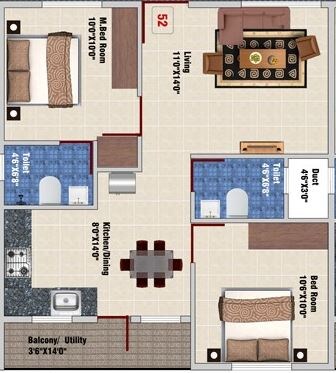 Floor plan of 2 BHK 948 Sq. Ft. Apartment in DS MAX Skylishcious, Bangalore