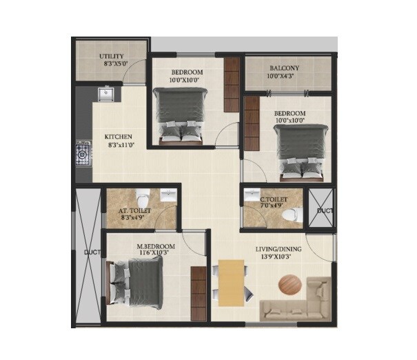 Floor plan of 3 BHK 1146 Sq. Ft. Apartment in DS Max Sovereign, Bangalore