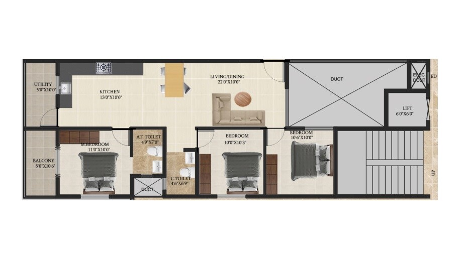 Floor plan of 3 BHK 1265 Sq. Ft. Apartment in DS Max Sovereign, Bangalore