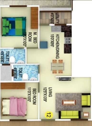 Floor plan of 2 BHK 968 Sq. Ft. Apartment in DS Max Sparkle Nest, Bangalore
