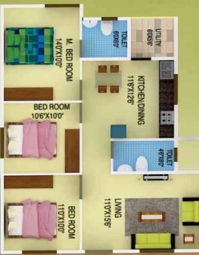 Floor plan of 3 BHK 1231 Sq. Ft. Apartment in DS Max Sparkle Nest, Bangalore