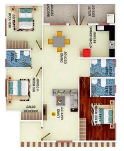 Floor plan of 3 BHK 1140 Sq. Ft. Apartment in DS Max Star Nest, Bangalore