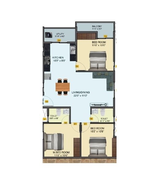 Floor plan of 3 BHK 1376 Sq. Ft. Apartment in DS Max Stavam Nest, Bangalore