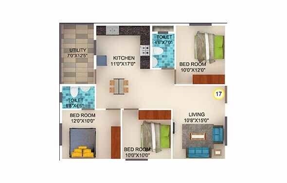 Floor plan of 3 BHK 1228 Sq. Ft. Apartment in DS Max Stonescape, Bangalore