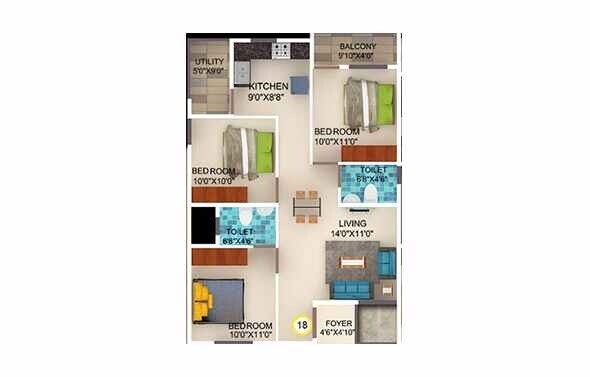 Floor plan of 3 BHK 1456 Sq. Ft. Apartment in DS Max Stonescape, Bangalore