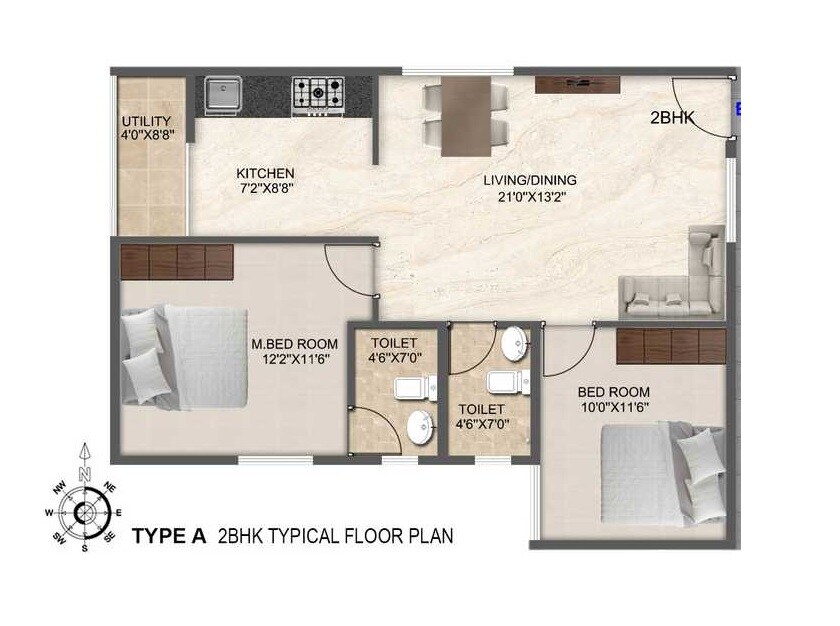 Floor plan of 2 BHK 908 Sq. Ft. Apartment in DS Max Sunworth, Bangalore
