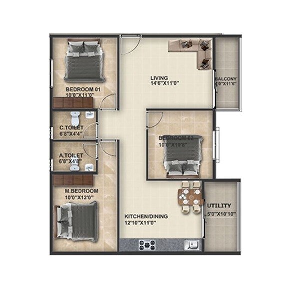 Floor plan of 3 BHK 1367 Sq. Ft. Apartment in DS Max Synergy, Bangalore