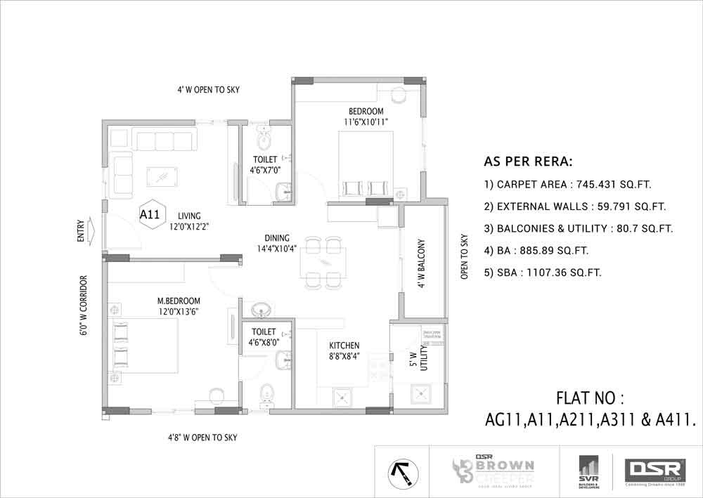 Floor plan of 2 BHK 1107 Sq. Ft. Apartment in DSR Brown Creepers, Bangalore
