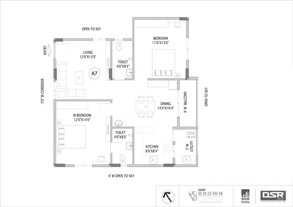 Floor plan of 2 BHK 1250 Sq. Ft. Apartment in DSR Brown Creepers, Bangalore