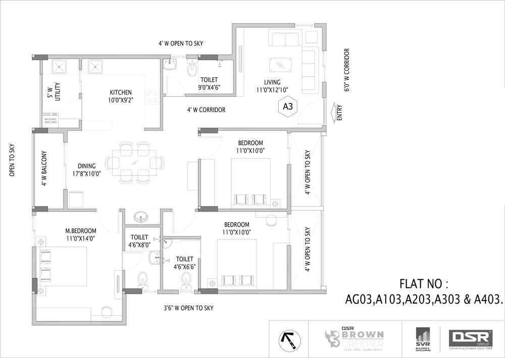 Floor plan of 3 BHK 1408 Sq. Ft. Apartment in DSR Brown Creepers, Bangalore