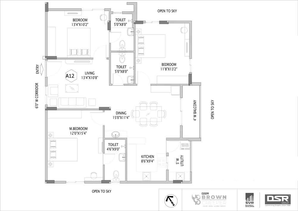 Floor plan of 3 BHK 1566 Sq. Ft. Apartment in DSR Brown Creepers, Bangalore