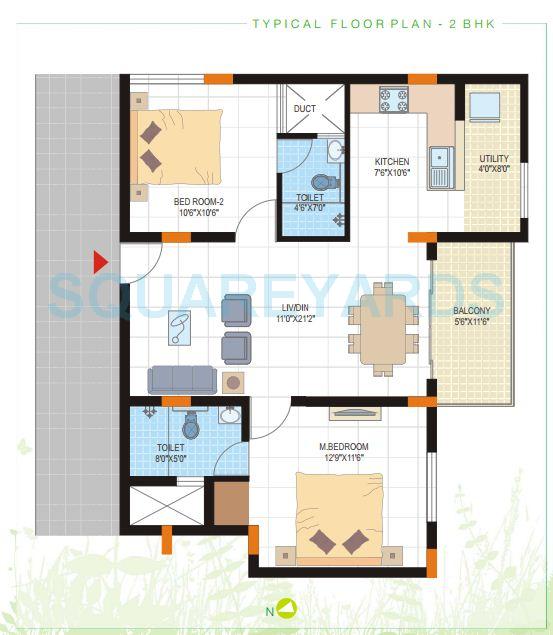Floor plan of 2 BHK 1022 Sq. Ft. Apartment in DSR Green Field, Bangalore