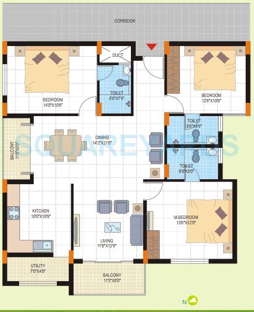 Floor plan of 3 BHK 1444 Sq. Ft. Apartment in DSR Green Field, Bangalore