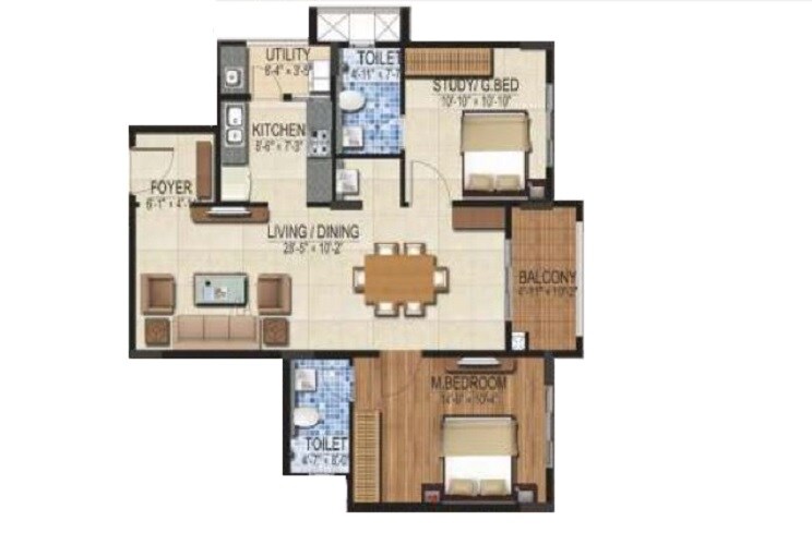 Floor plan of 2 BHK 1150 Sq. Ft. Apartment in DSR Louts Tower, Bangalore