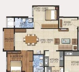 Floor plan of 2 BHK 1166 Sq. Ft. Apartment in DSR Louts Tower, Bangalore