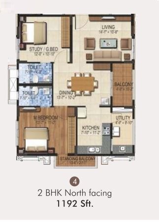 Floor plan of 2 BHK 1192 Sq. Ft. Apartment in DSR Louts Tower, Bangalore